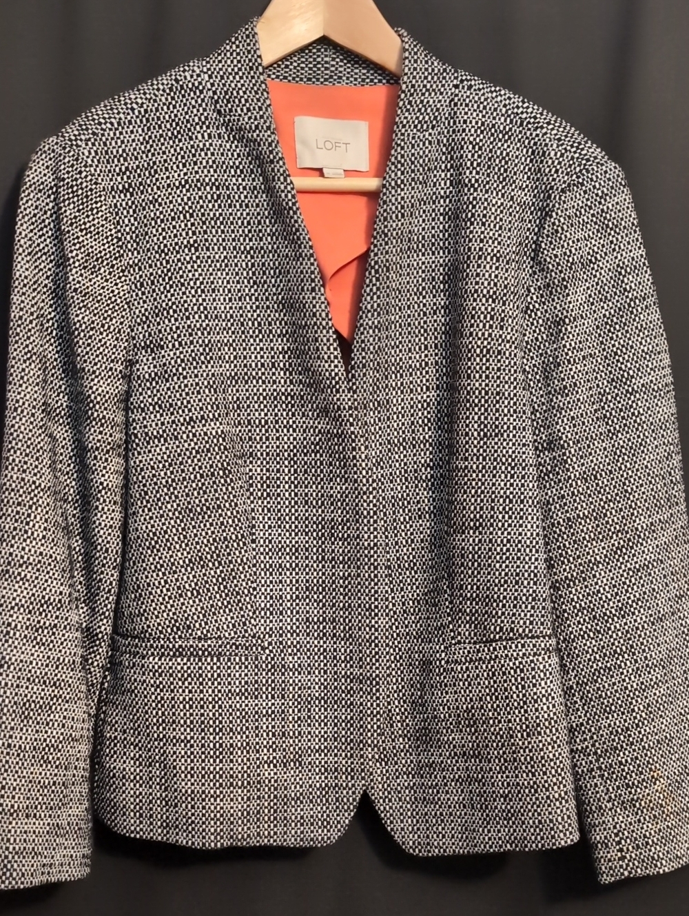 LOFT Black and White Tweed Collarless Blazer